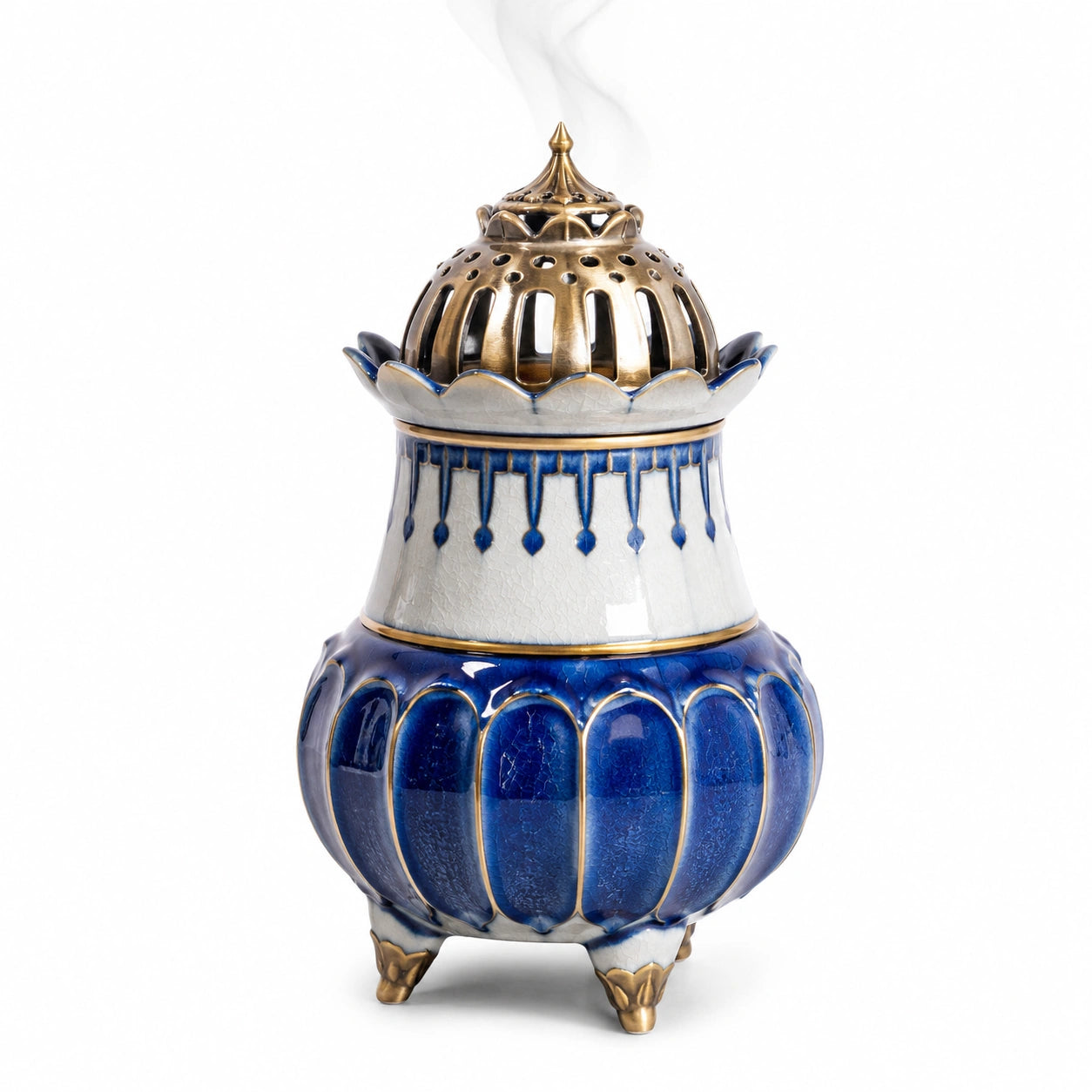 Keramik-Räuchergefäß mit blau-weißer Glasur und goldenen Akzenten
