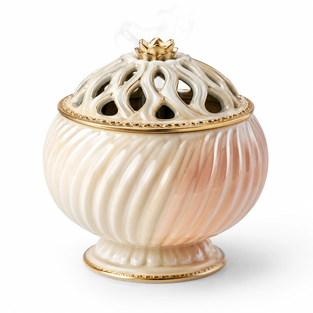 Keramik-Räuchergefäß mit Goldakzenten und Lotus-Design Weiß/Rosa