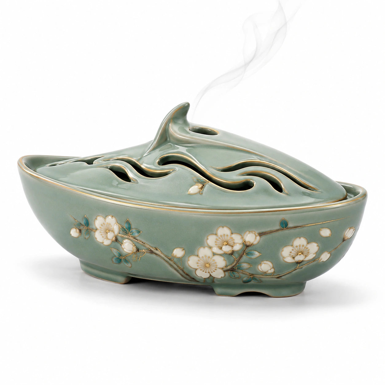 Grünes Keramik-Räuchergefäß mit Blumendekor
