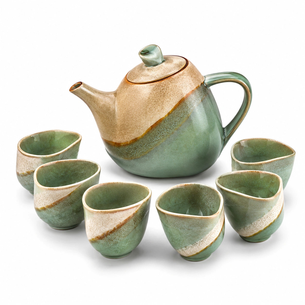 7-teiliges Teeservice Set in Grün-Beige