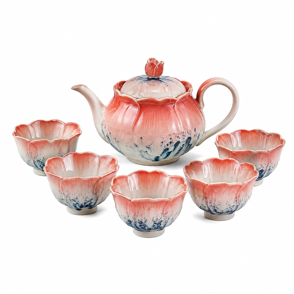 6-teiliges Blumendesign-Teeservice, Rot-Blau