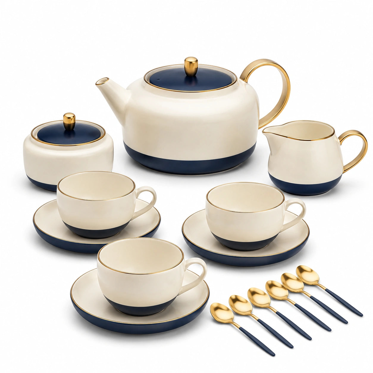 Elegantes Teeservice Set Beige-Blau mit Goldakzenten