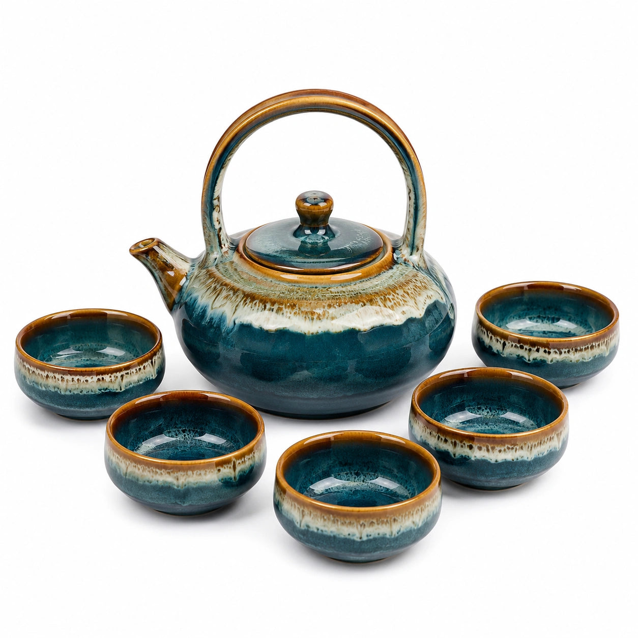 Handgefertigtes Keramik-Teeservice mit Kanne und Tassen in Blau und Braun