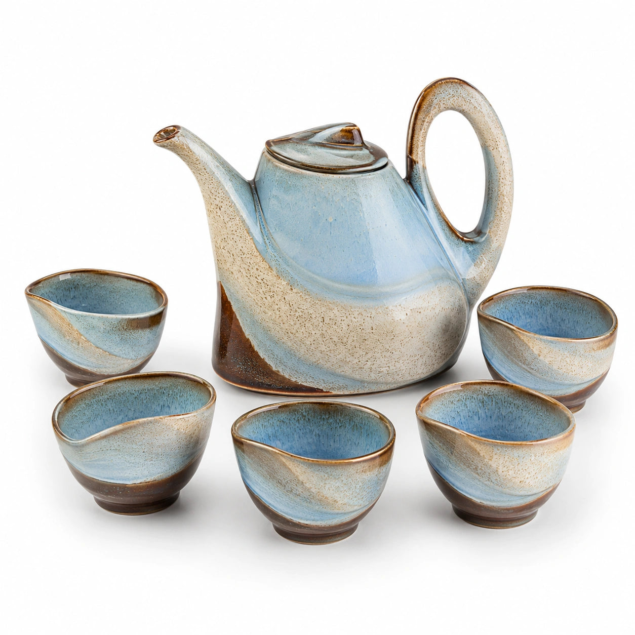 Handgefertigtes Keramik-Teeset 6-teilig Blau/Beige