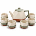 Keramik Teeservice, 7-teilig, geometrisches Design, Grün/Beige/Braun