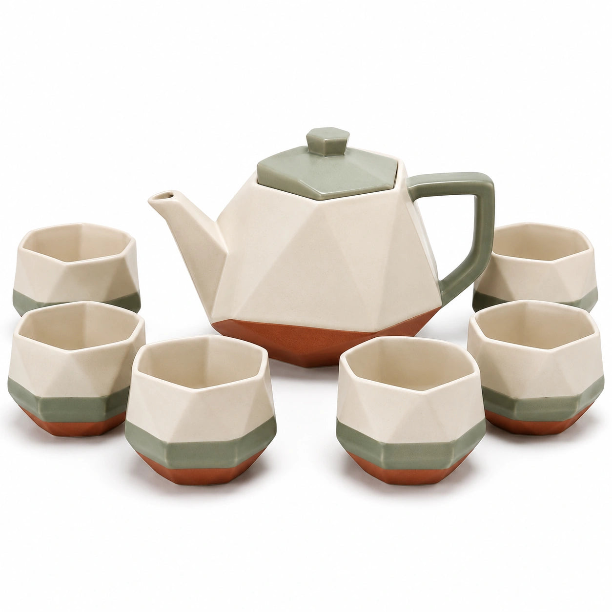 Keramik Teeservice, 7-teilig, geometrisches Design, Grün/Beige/Braun