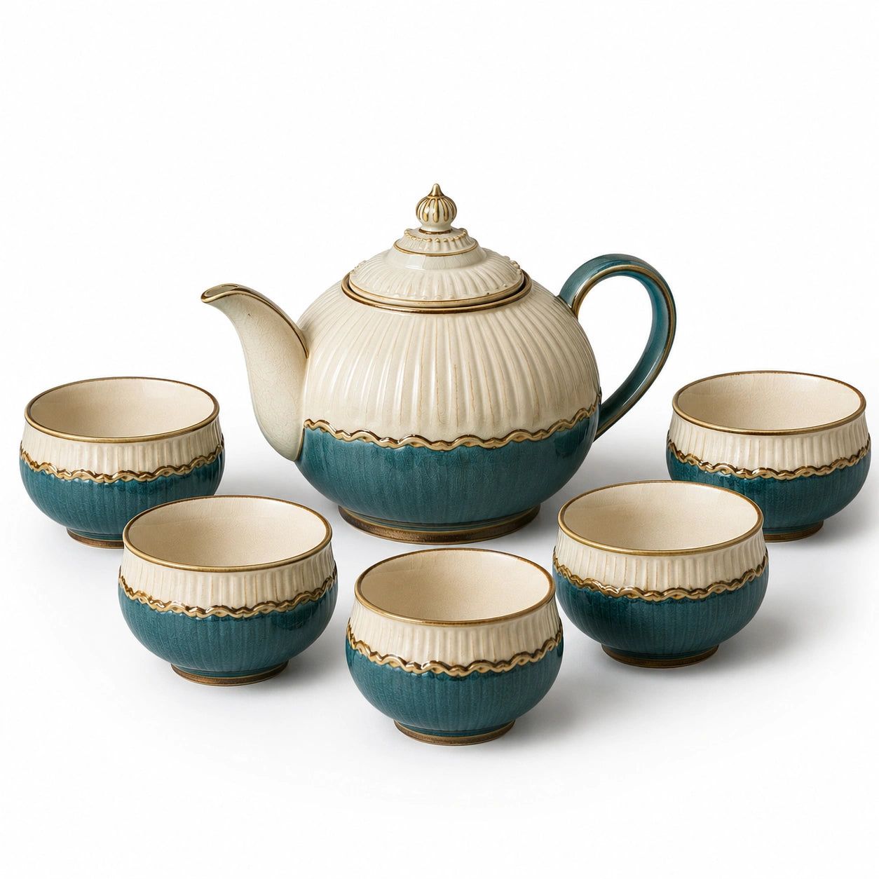 Handbemaltes Keramik-Teeset Blau/Beige mit Goldakzenten
