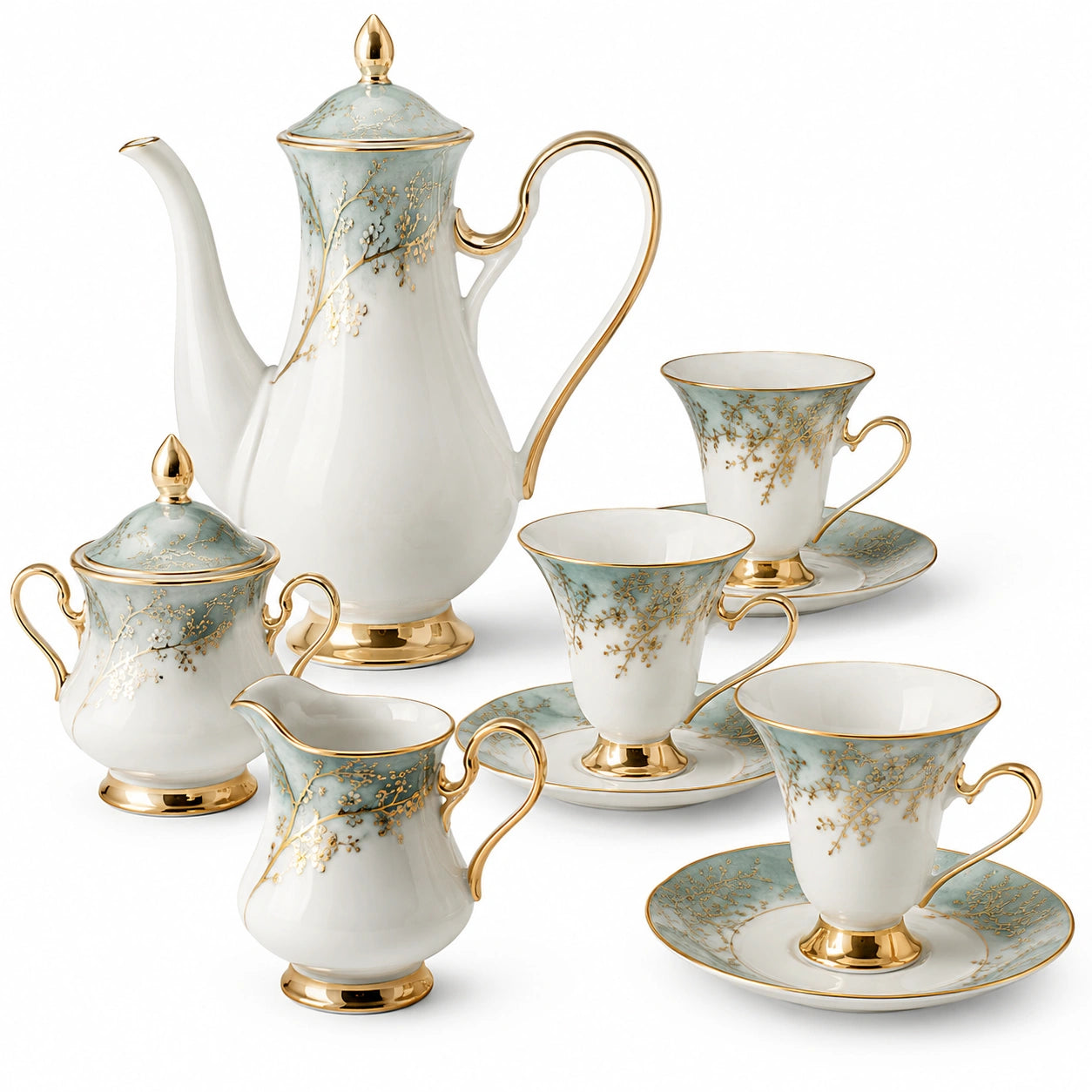 Porzellan Teeservice Set mit Blumendekor und Goldakzenten, Weiß/Gold/Blau