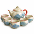 6-teiliges Keramik-Teeservice mit Wolkenmotiv in Beige und Blau