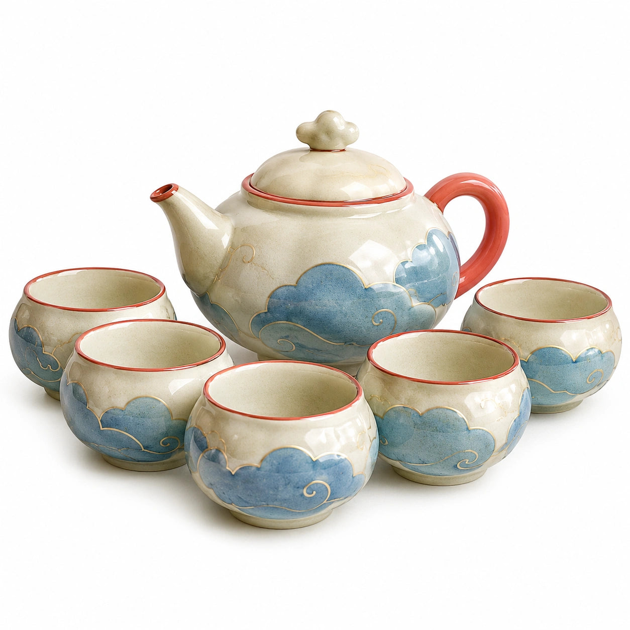 6-teiliges Keramik-Teeservice mit Wolkenmotiv in Beige und Blau