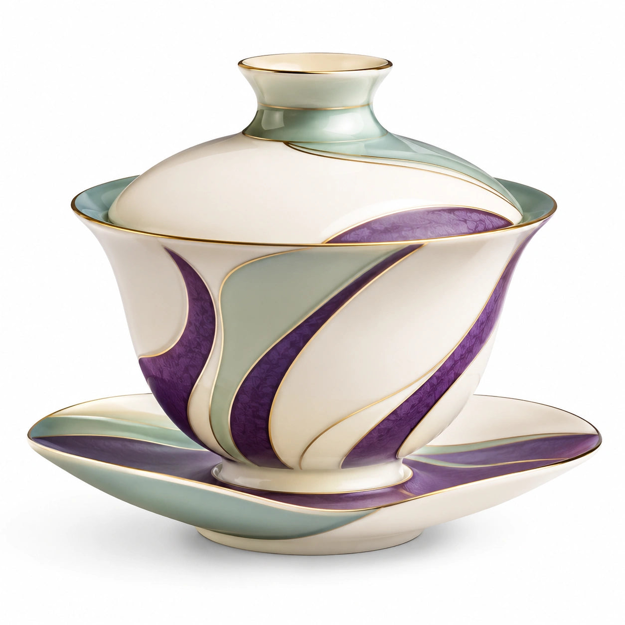 Teetasse mit Deckel und Untertasse, Handbemalt, Grün/Lila/Weiß, 200ml
