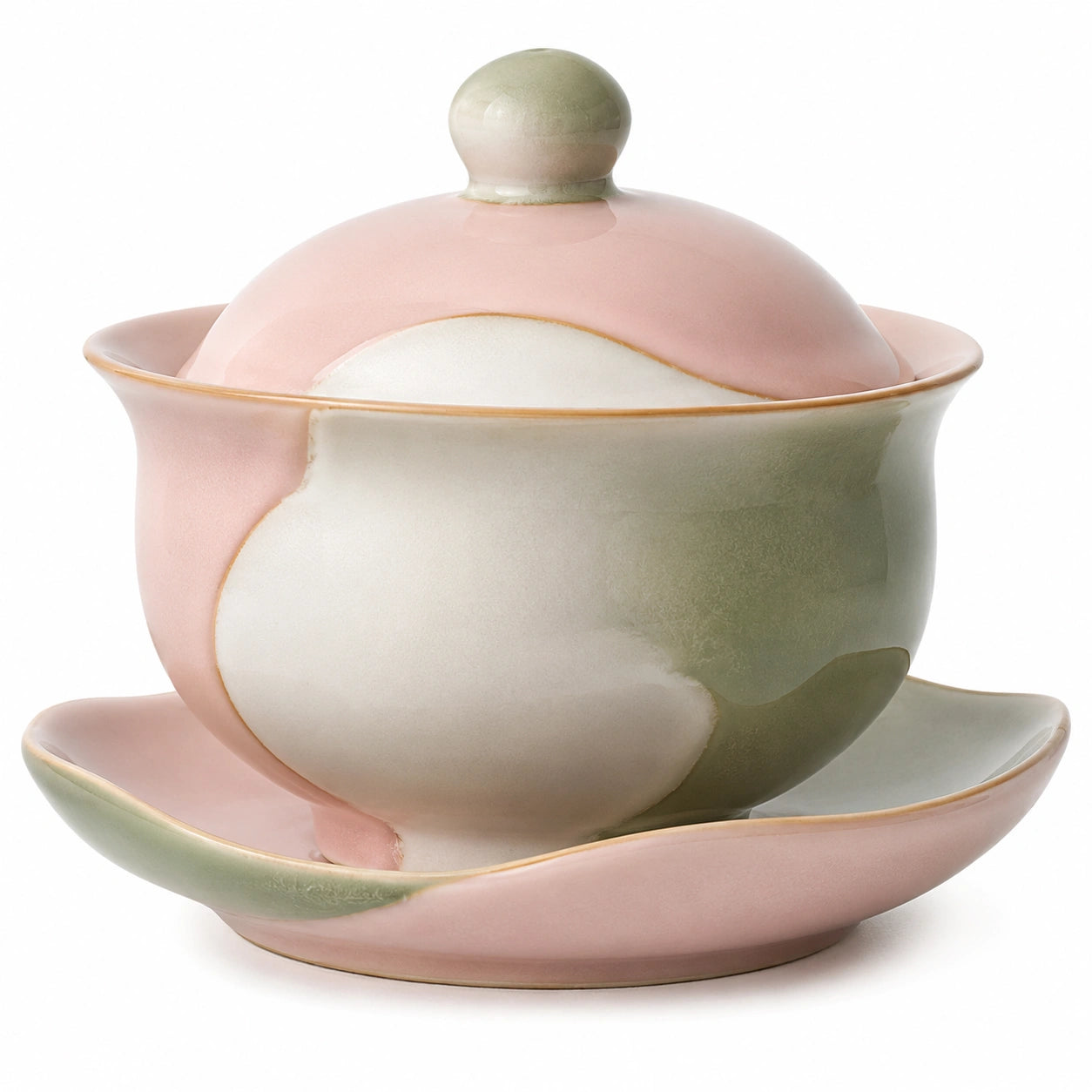 Handgefertigte Keramik-Teeschale mit Untertasse in Rosa, Grün und Weiß