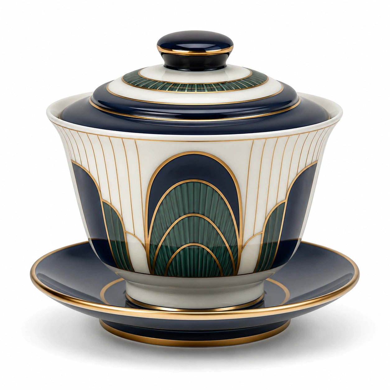 Teetasse mit Deckel und Untertasse Art Deco Stil in Grün/Weiß/Gold