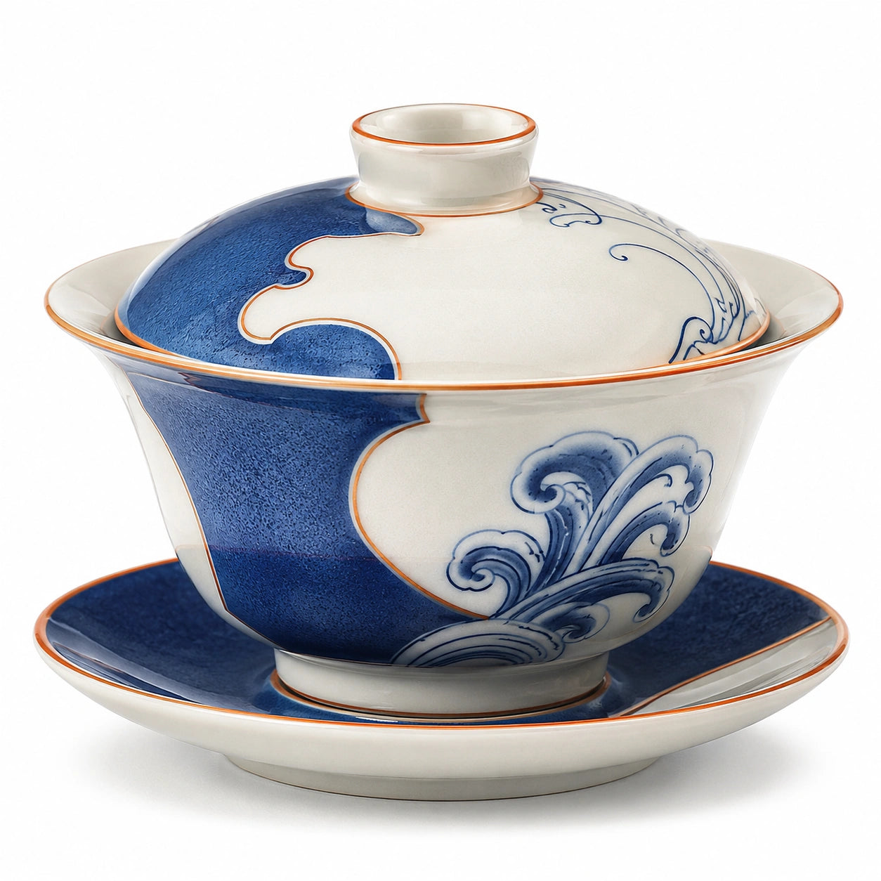 Teeschale mit Deckel Wellenmuster Blau-Weiß
