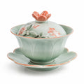 Keramik Teetasse mit Deckel und Untertasse, Blütenmuster, Grün/Orange
