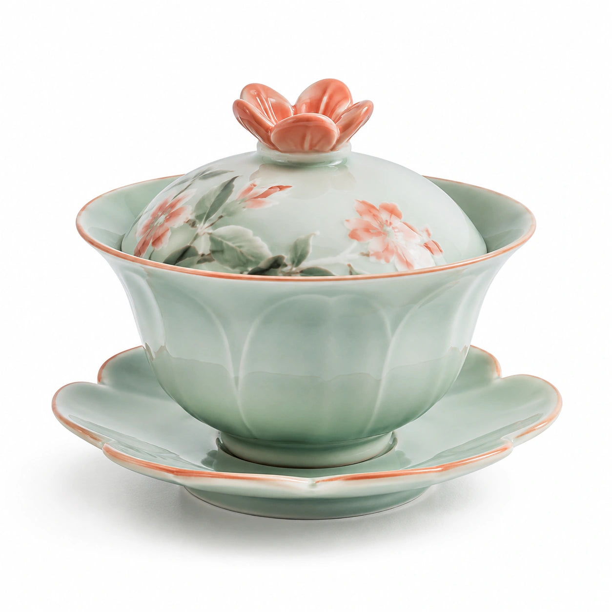 Keramik Teetasse mit Deckel und Untertasse, Blütenmuster, Grün/Orange
