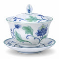 Porzellan-Teeschale mit Deckel und Untertasse, florales Design, Weiß/Blau/Grün