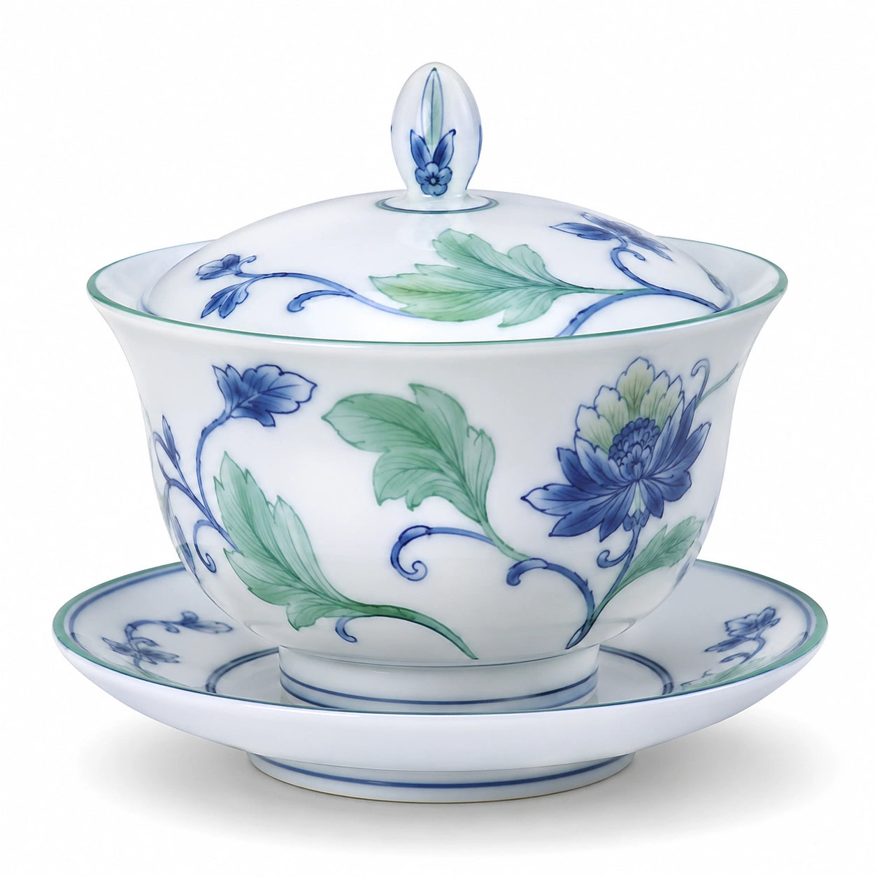 Porzellan-Teeschale mit Deckel und Untertasse, florales Design, Weiß/Blau/Grün