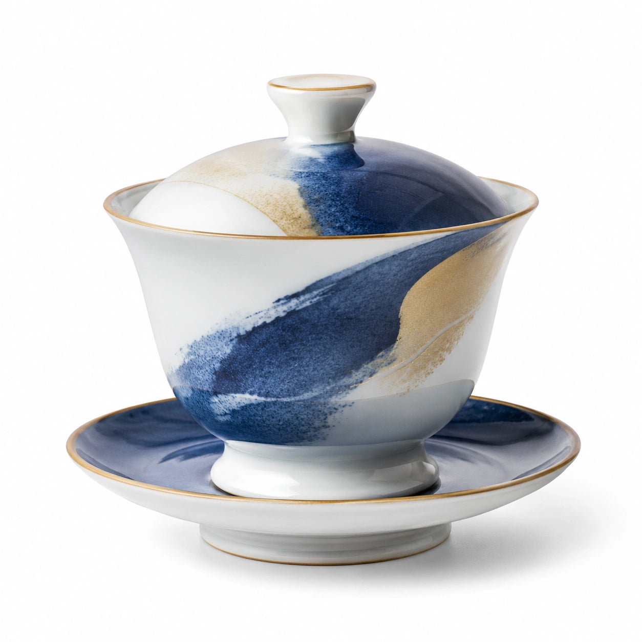 Gaiwan Teetasse aus Porzellan mit Blau-Goldenem Muster