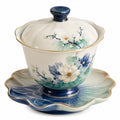 Keramische Teeschale mit Deckel und Untertasse, handbemalt, Blumenmuster Blau/Grün
