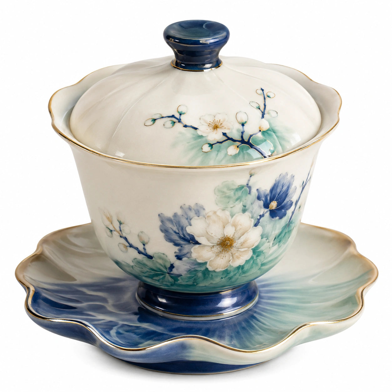 Keramische Teeschale mit Deckel und Untertasse, handbemalt, Blumenmuster Blau/Grün