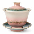 Gaiwan Teetasse mit Deckel und Untertasse in Rosa und Grün