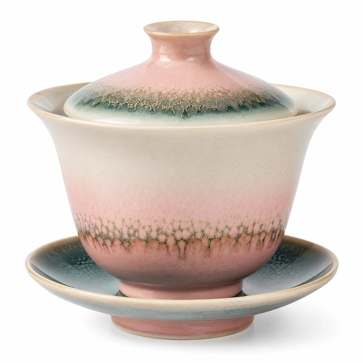 Gaiwan Teetasse mit Deckel und Untertasse in Rosa und Grün