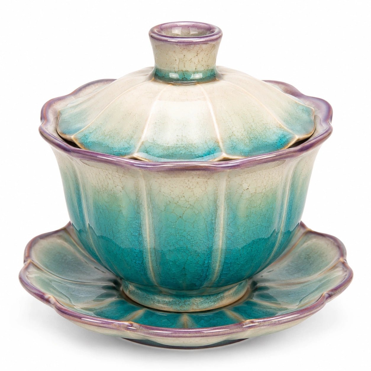 Keramische Teetasse mit Deckel und Unterteller, Blau-Grün, Blumenform