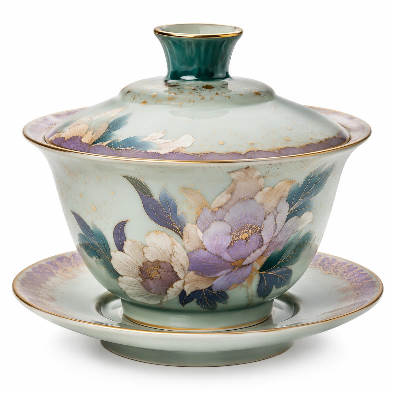 Porzellan-Teeschale mit Deckel und Untertasse, Blumenmuster, 300ml