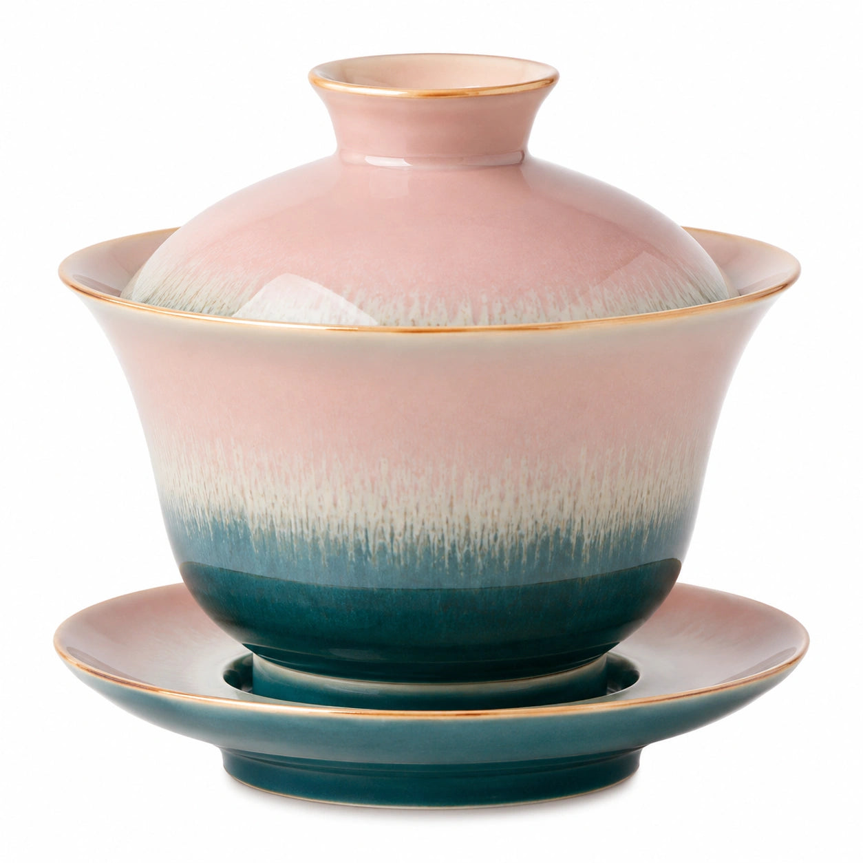 Handgefertigter Gaiwan Teeschale Rosa und Blau mit Untertasse