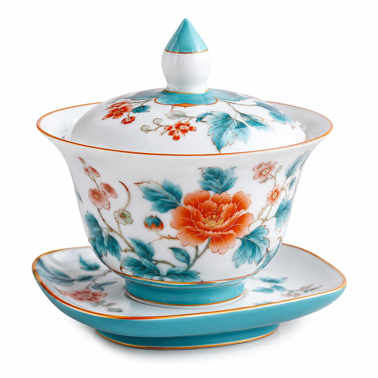 Teetasse mit Deckel und Untertasse, Blumenmuster, Weiß/Türkis/Orange