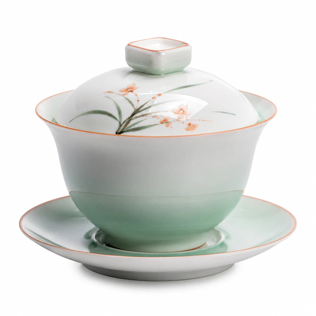 Keramik Gaiwan Set mit Blumenmuster, Weiß/Grün, 200ml