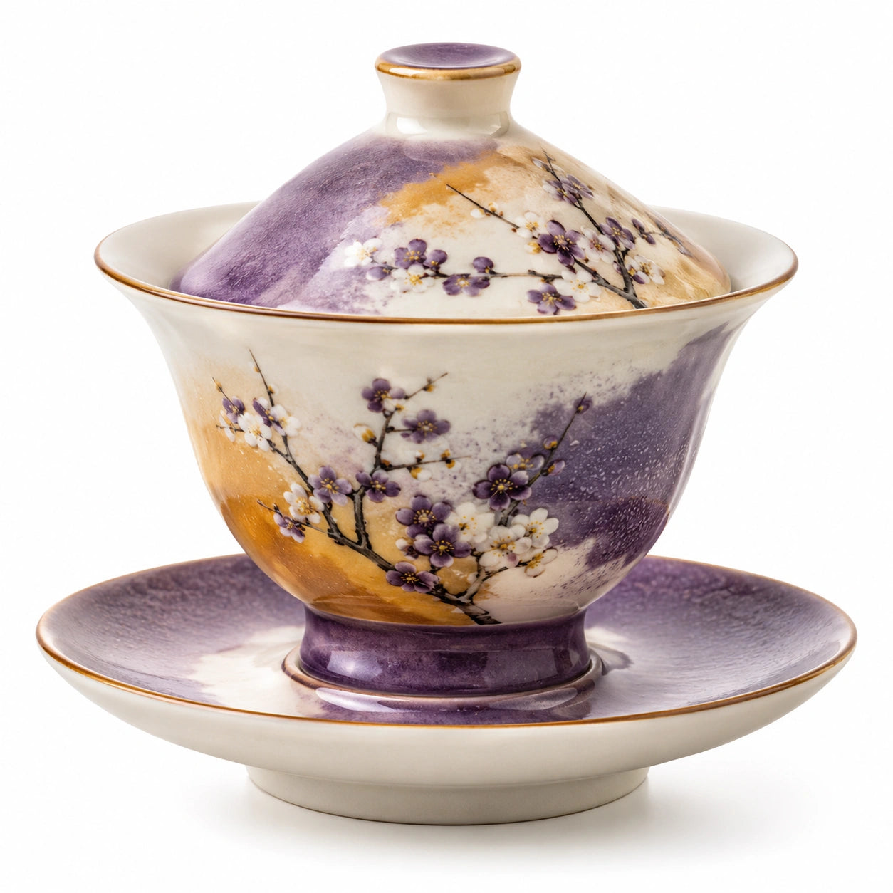 Keramik Gaiwan Teeschale Set Kirschblütenmuster Lila/Orange