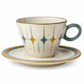 Vintage Kaffeetasse mit Untertasse im Retro-Design, Creme/Blau/Senfgelb