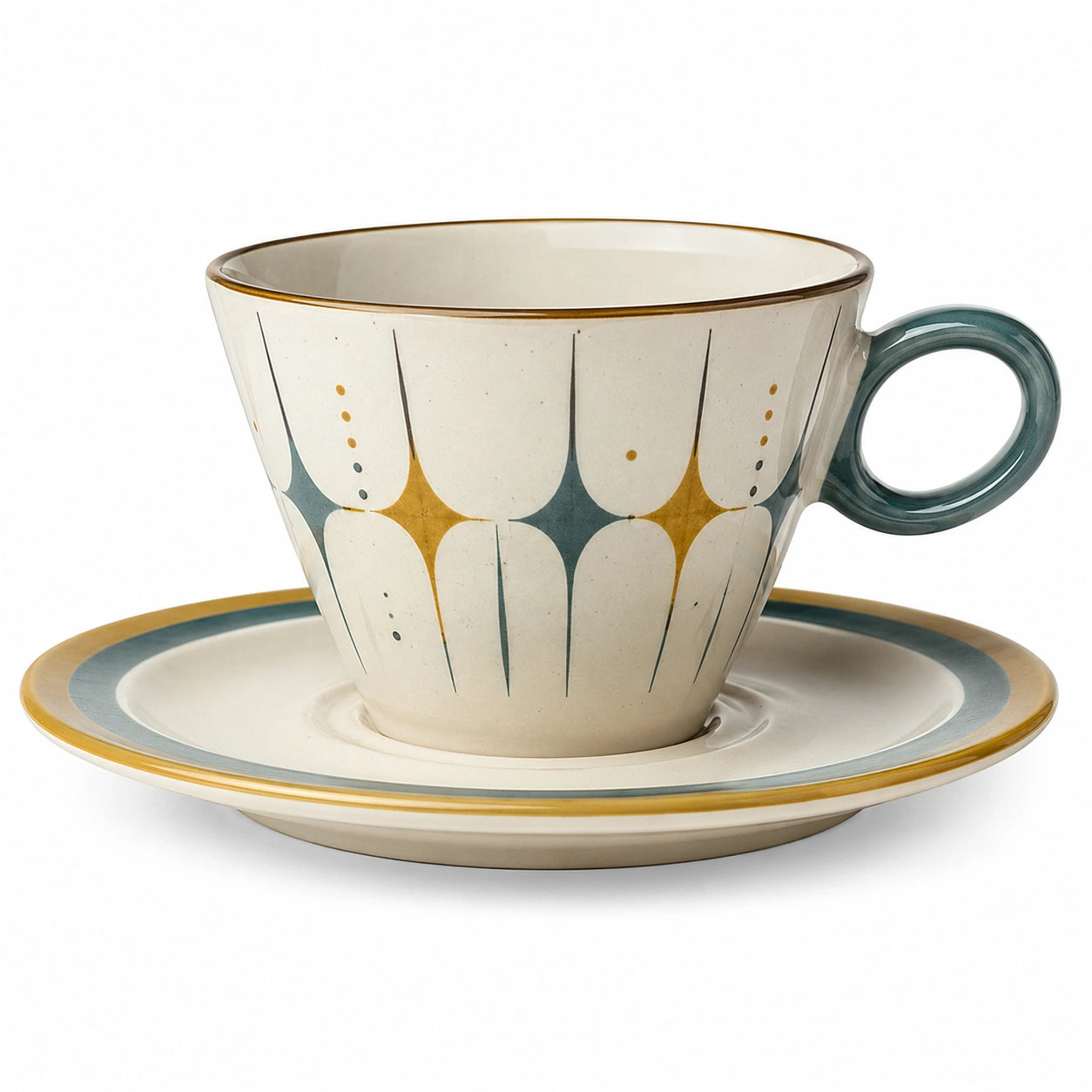 Vintage Kaffeetasse mit Untertasse im Retro-Design, Creme/Blau/Senfgelb