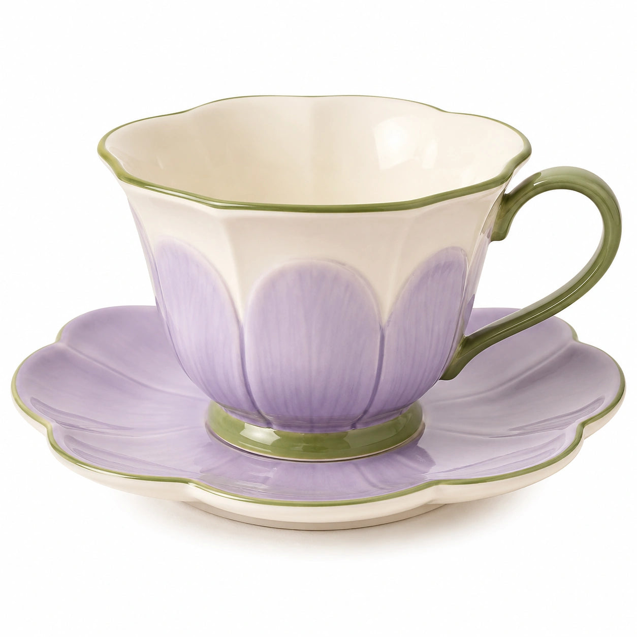 Keramiktasse mit Untertasse in Blütenform Lila/Grün, 250ml