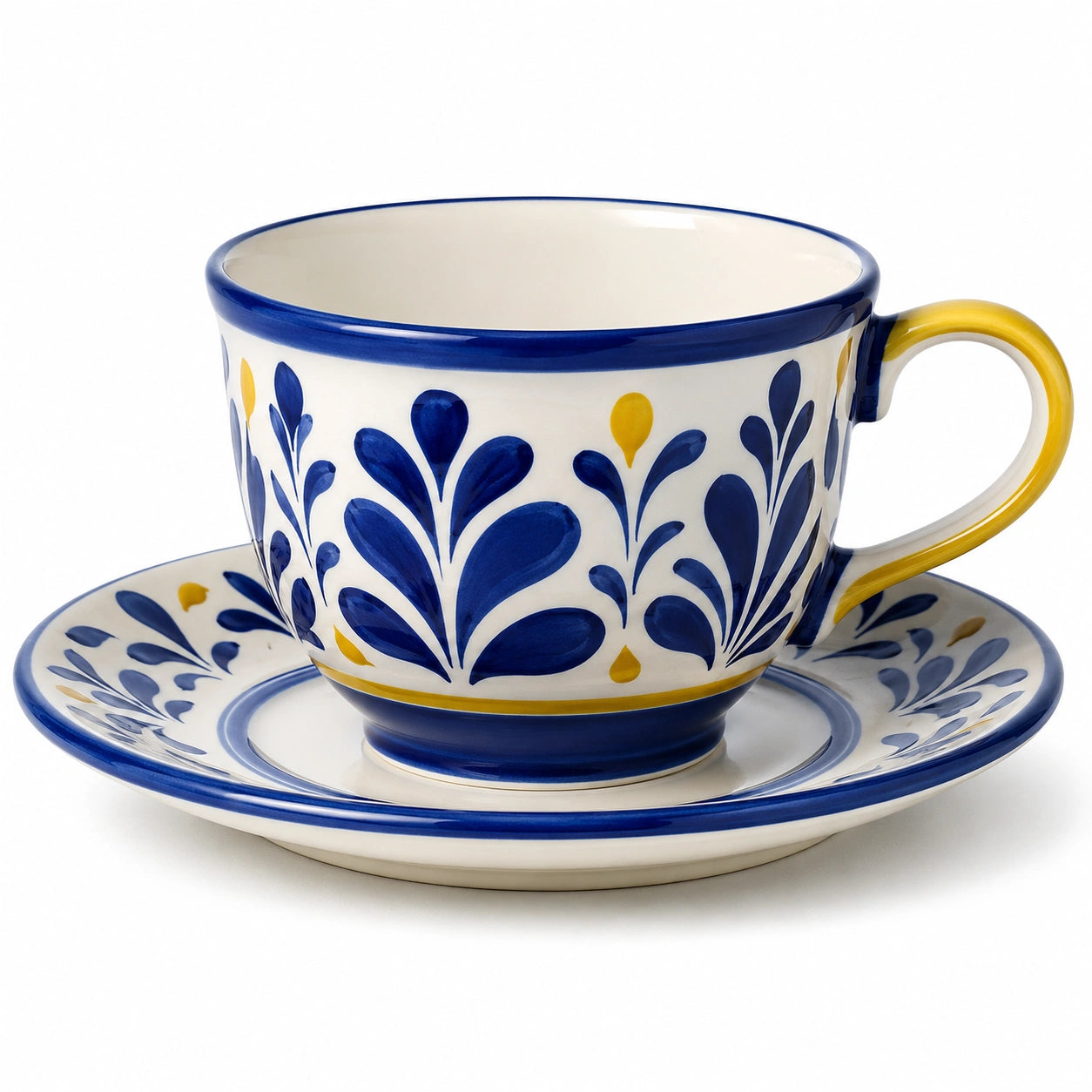 Keramiktasse mit Untertasse, Blau und Gelb, Handgemaltes Floralmuster