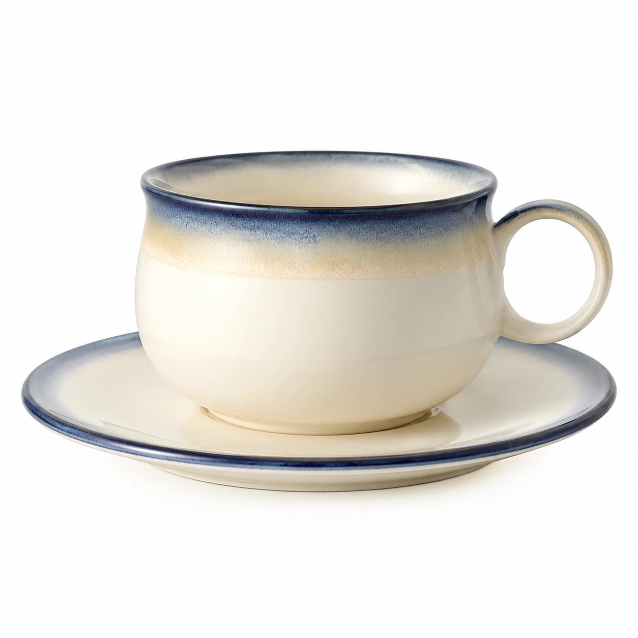 Handbemalte Keramik Teetasse mit Untertasse Blau/Creme 250ml