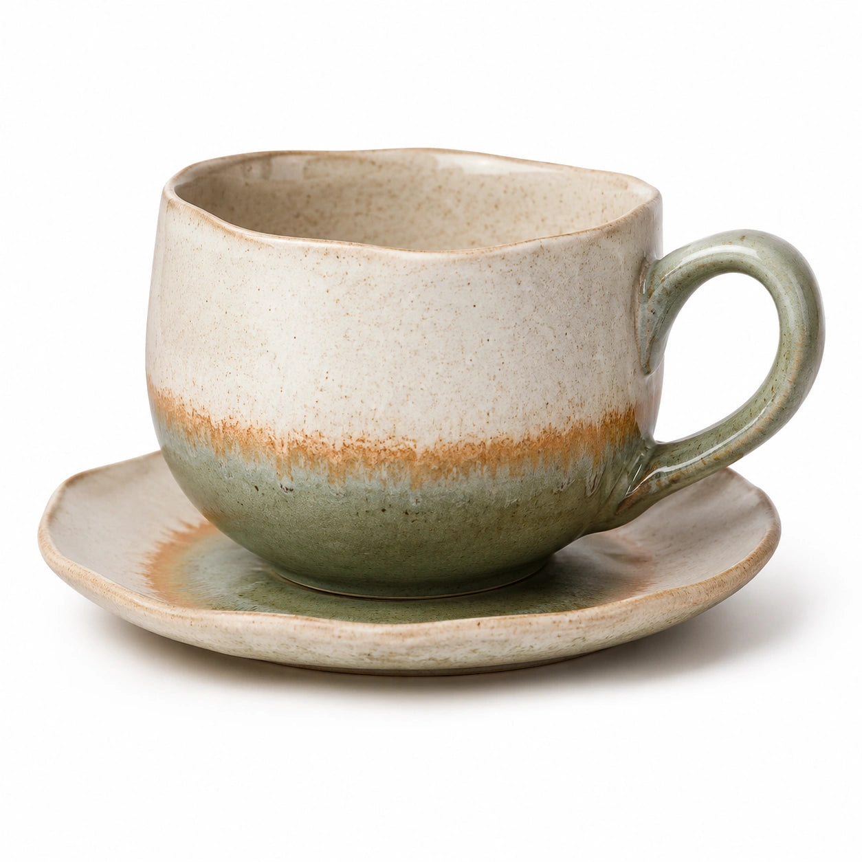 Handgefertigte Keramik-Teetasse mit Untertasse im Farbverlauf Beige/Grün