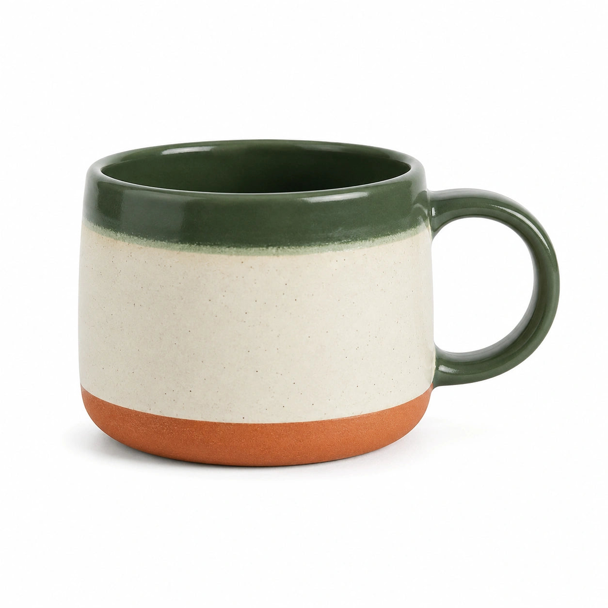 Handgefertigte Keramiktasse mit Henkel, 300ml - Grün/Creme/Terracotta