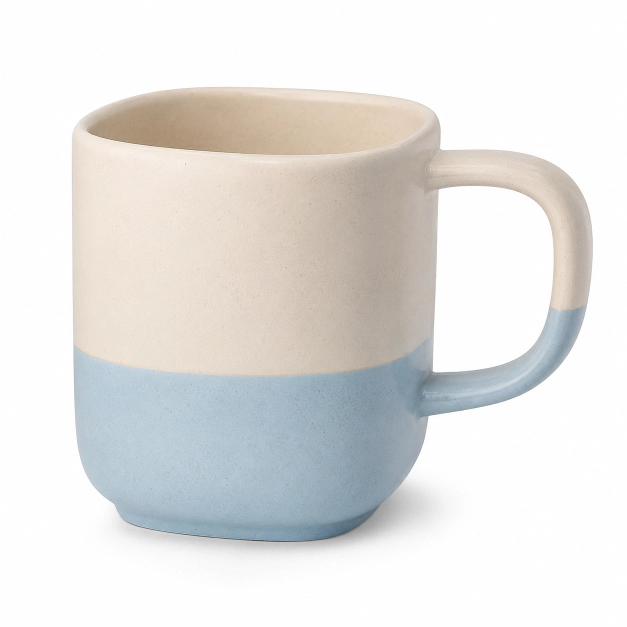 Quadratische Keramiktasse Creme und Blau