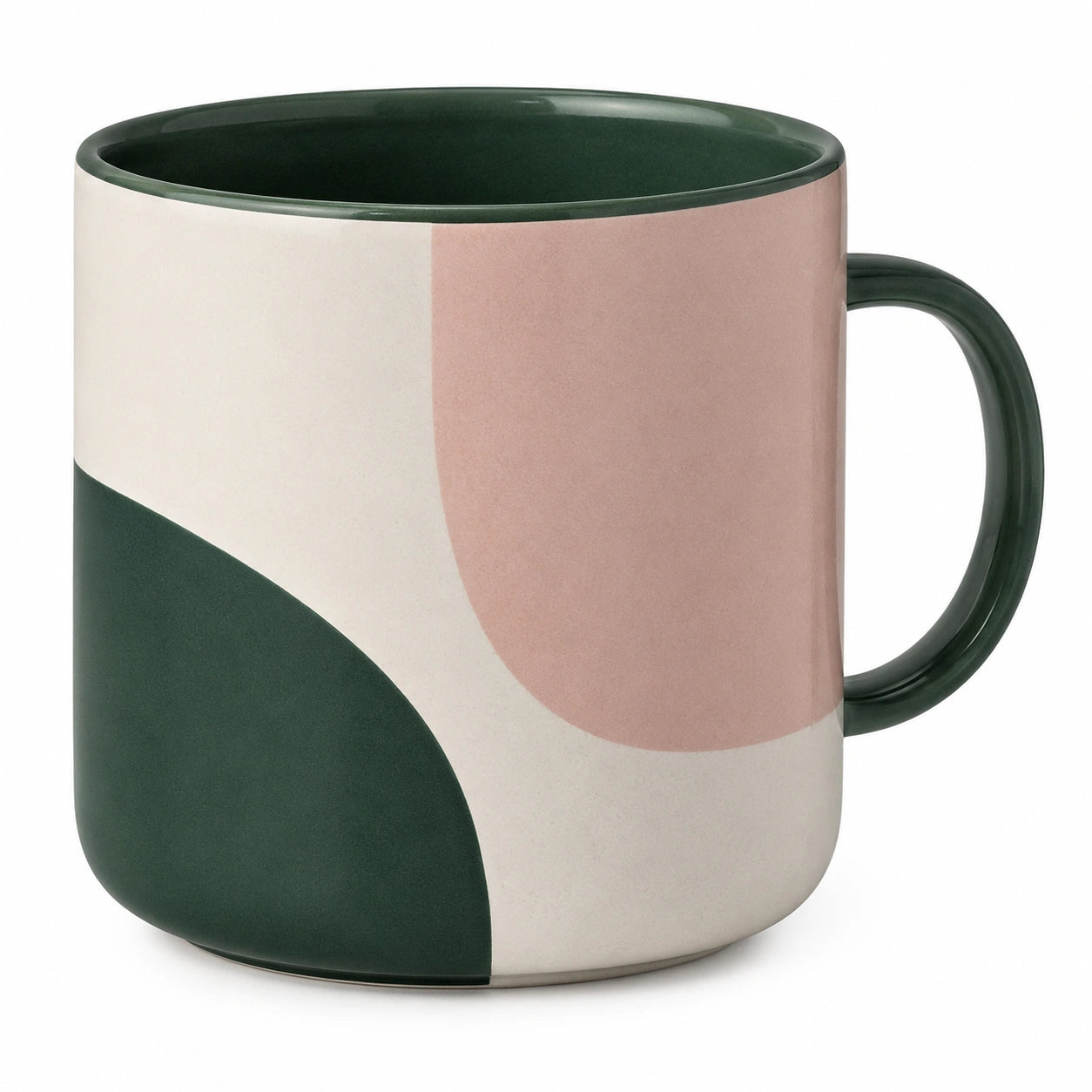 Keramiktasse mit geometrischem Muster in Dunkelgrün, Rosa und Beige, 350ml